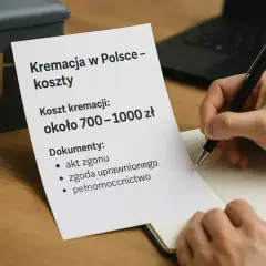 Urzędnik notuje koszty kremacji w Polsce, szacowane na 700-1000 zł, obok urny i dokumentów.