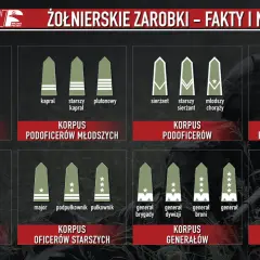 Grafika przedstawia stopnie wojskowe i korpusy, ilustrując zarobki w wojsku. Od szeregowego do Marszałka Polski.