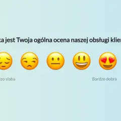 Pięć emotikonów od smutnej do zakochanej, ilustrujących ocenę obsługi klienta. Użytkownik wybiera, wypełniając ankietę.