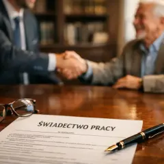 Uścisk dłoni po formalnościach, świadectwo pracy leży na stole. To symboliczny moment odprawy emerytalnej.