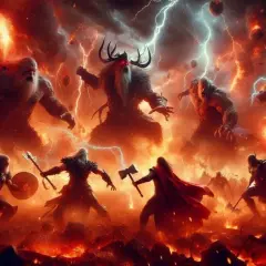 Wojownicy walczą w ogniu i błyskawicach, przygotowując się do ostatecznej bitwy, która zapowiada Ragnarok.
