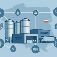 Ilustracja przedstawia nowoczesną infrastrukturę krytyczną w Polsce, obejmującą produkcję, logistykę i bezpieczeństwo.