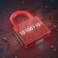 Czerwona kłódka z kodem binarnym na tle obwodów drukowanych symbolizuje silny firewall chroniący dane.