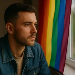Mężczyzna w dżinsowej kurtce patrzy przez okno, za którym widać tęczową flagę. To symbol jego coming out.