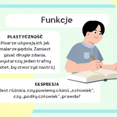 Chłopiec pisze, a tekst wyjaśnia, co to epitet: jeden trafny epitet tworzy nastrój, jak pociągnięcie pędzla malarza.