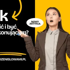 Kobieta z otwartymi ustami i uniesionymi dłońmi, jakby zastanawiała się nad autoprezentacją. Tekst: "Jak mówić i być przekonującym?".