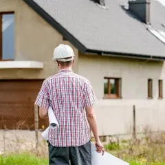 Inżynier w kasku nadzoruje budowę domu, trzymając plany.