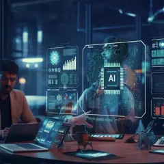 Inżynierowie analizują dane AI na futurystycznych ekranach.