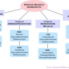 Schemat przedstawia rodzaje obligacji skarbowych: stałoprocentowe, zmiennoprocentowe, indeksowane inflacją oraz rodzinne.