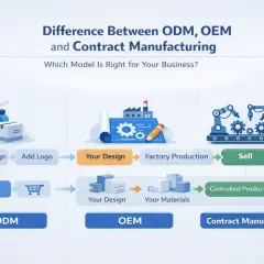 Porównanie modeli ODM, OEM i produkcji kontraktowej. Schemat pokazuje procesy: ODM (fabryka projektuje, dodajesz logo), OEM (twój projekt, twoje materiały, kontrolowana produkcja) i produkcja kontraktowa (twój projekt, produkcja fabryczna).