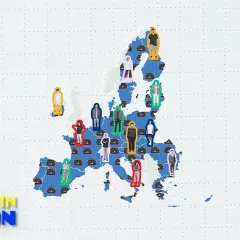 Ludzie z walizkami na mapie Europy, symbolizujący ruch i podróże między krajami.