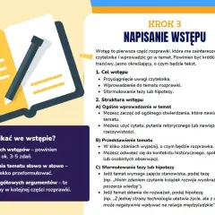 Ilustracja pokazuje otwartą książkę z ołówkiem, symbolizującą pisanie. Tekst obok to poradnik, jak napisać wstęp do wypracowania, z podziałem na cel i strukturę.