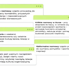 Small talk buduje relacje, ułatwia adaptację i inspiruje. Luźne rozmowy przy kawie czy weekendowe pytania tworzą przyjazną atmosferę i nowe możliwości.