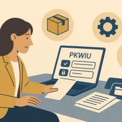 Kobieta przy laptopie z napisem PKWIU. Obok ikony paczki, biegu i teczki. Może wprowadza numer NIP.