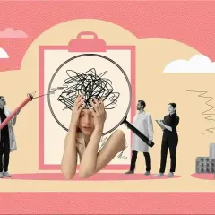 Stygmatyzacja zdrowia psychicznego. Kobieta zdezorientowana, lekarze analizują jej stan, a obok leki.
