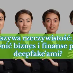 Cztery identyczne kobiety w garniturach. Tekst: "Fałszywa rzeczywistość: Jak chronić biznes i finanse przed deepfake'ami?".
