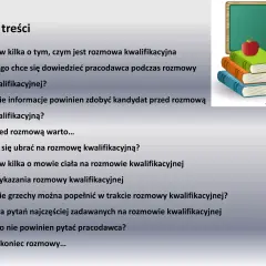Spis treści prezentuje pytania na rozmowie kwalifikacyjnej, od podstaw po błędy i pytania do pracodawcy. Obok stos książek i jabłko.