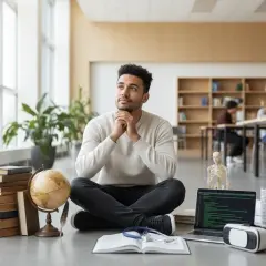 Młody mężczyzna zamyślony nad materiałami do studiów podyplomowych. Obok niego stos książek, globus, laptop i model szkieletu.
