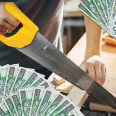 Cieśla tnie drewno piłą, a wokół leżą banknoty 100 zł. Zarobek rzemieślnika.