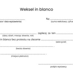 Weksel in blanco do wypełnienia, z polami na datę, kwotę, wierzyciela i podpis wystawcy.