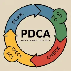 Cykl PDCA: Planuj, Działaj, Sprawdzaj, Wprowadzaj zmiany. Metoda zarządzania ciągłym doskonaleniem.