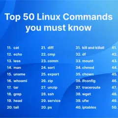 Lista 50 komend Linuxa, które musisz znać, z pingwinem Tuxem. Wśród nich komendy takie jak `ls`, `cd`, `sudo` i `su`.