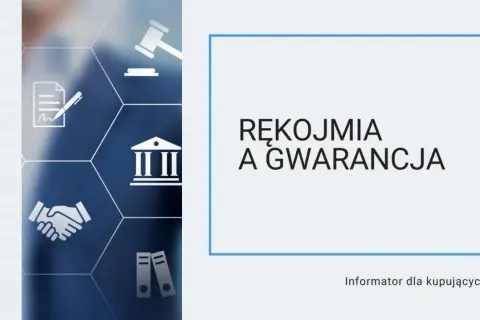 Rękojmia a gwarancja – informator dla kupujących. Grafika przedstawia ikony związane z prawem i umowami.