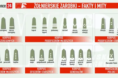 Grafika przedstawia stopnie wojskowe w Wojsku Polskim, od szeregowego do Marszałka Polski. Wojak w różnych rangach.