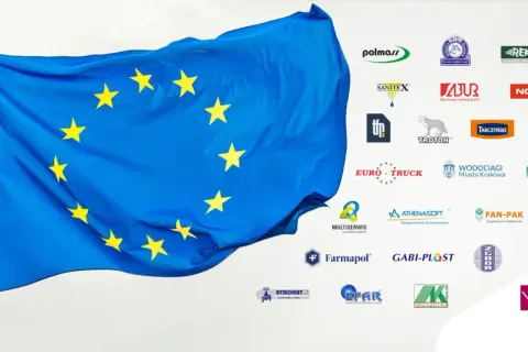 Flaga UE i logotypy firm, w tym przedsiębiorstwo Fair Play.