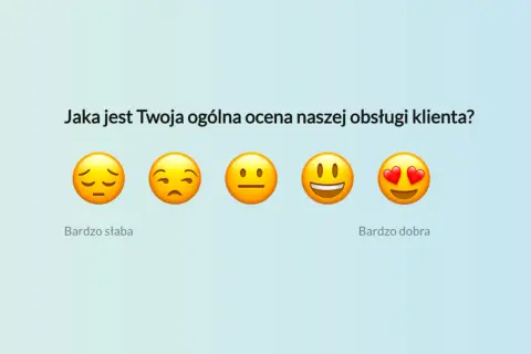 Pięć emotikonów od smutnej do zakochanej, ilustrujących ocenę obsługi klienta. Użytkownik wybiera, wypełniając ankietę.