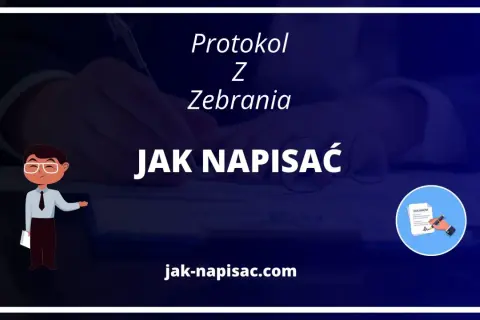 Protokół z zebrania: jak napisać dokument. Ilustracja przedstawia człowieka piszącego, a także ikonę dokumentu z podpisem.