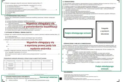 Formularz wniosku o wydanie prawa jazdy lub jego wtórnika. Wypełnia go osoba ubiegająca się o **nowelizację** dokumentu.