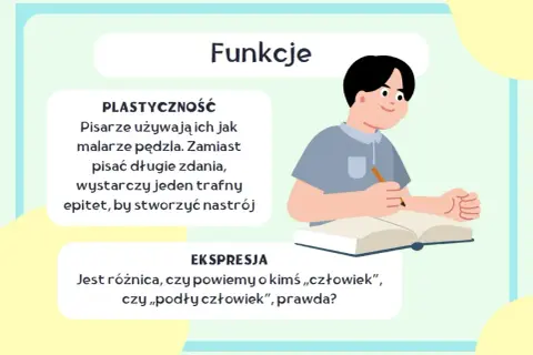 Chłopiec pisze, a tekst wyjaśnia, co to epitet: jeden trafny epitet tworzy nastrój, jak pociągnięcie pędzla malarza.