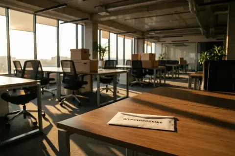 Puste biuro, kartony na biurkach i koperta z napisem "Wypowiedzenie" sugerują zwolnienia grupowe.