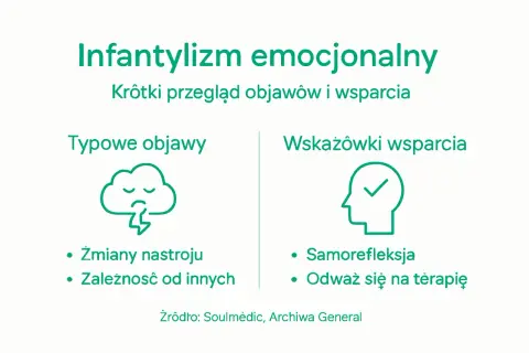 Infantylizm emocjonalny: objawy (chmura ze smutną buźką, zmiany nastroju, zależność) i wsparcie (głowa z zaznaczeniem, samorefleksja, terapia).