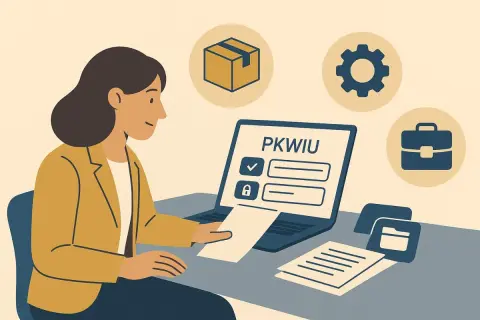 Kobieta przy laptopie z napisem PKWIU. Obok ikony paczki, biegu i teczki. Może wprowadza numer NIP.