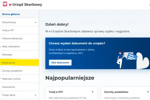 Menu e-Urzędu Skarbowego z podświetloną opcją "Rozliczenia". Możesz tu załatwić sprawy związane z fiscus.
