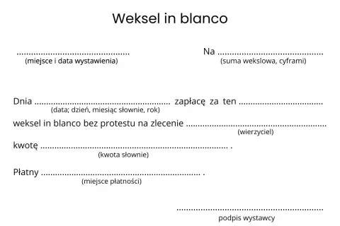 Weksel in blanco do wypełnienia, z polami na datę, kwotę, wierzyciela i podpis wystawcy.
