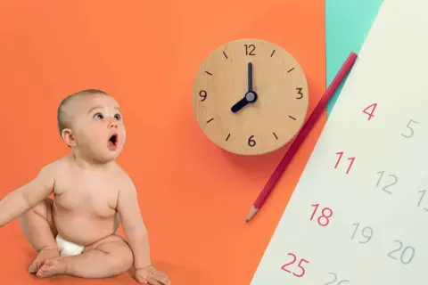 Zaskoczony maluch, zegar i kalendarz symbolizują czas, który upływa, a wraz z nim **trzeci skok rozwojowy objawy** mogą się pojawić.