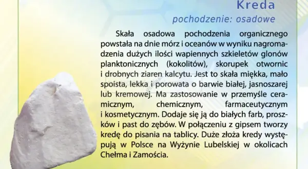 Biała, porowata skała, czyli kreda, powstała z wapiennych szczątków organizmów morskich. Jest miękka i lekka, używana w przemyśle ceramicznym, chemicznym i kosmetycznym.