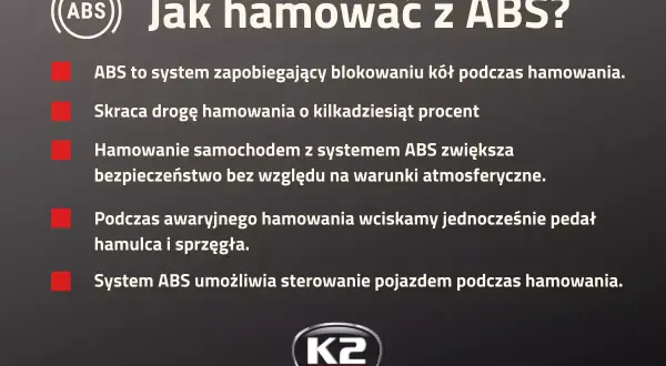 Jak hamować z ABS? To system zapobiegający blokowaniu kół, skraca drogę hamowania i zwiększa bezpieczeństwo. W awaryjnym hamowaniu wciskaj pedał hamulca i sprzęgła.