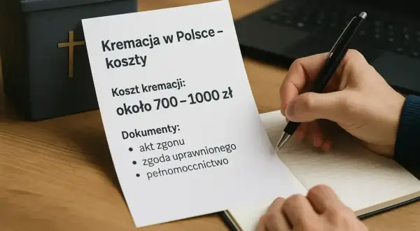 Urzędnik notuje koszty kremacji w Polsce, szacowane na 700-1000 zł, obok urny i dokumentów.