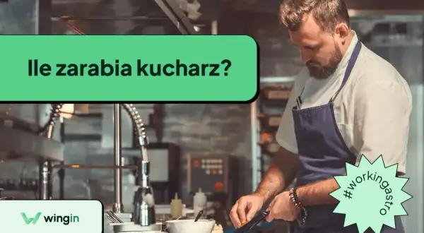 Kucharz w fartuchu przygotowuje jedzenie w kuchni. Na ekranie pytanie: "Ile zarabia kucharz?".