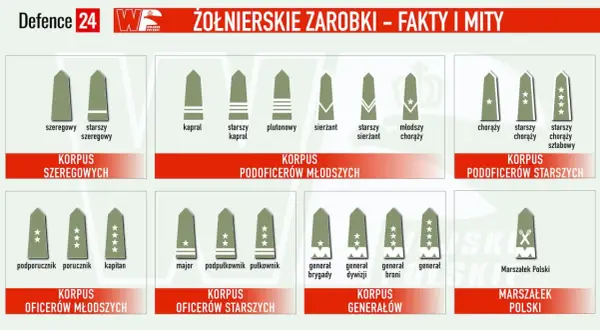 Grafika przedstawia stopnie wojskowe w Wojsku Polskim, od szeregowego do Marszałka Polski. Wojak w różnych rangach.