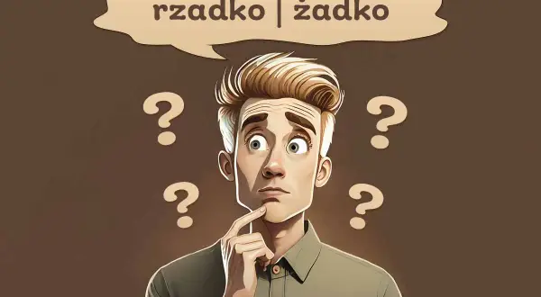 Zastanawiający się mężczyzna otoczony znakami zapytania, myślący, czy coś dzieje się rzadko, czy żadko.