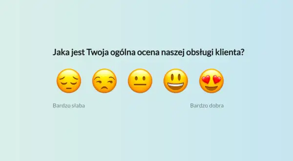 Pięć emotikonów od smutnej do zakochanej, ilustrujących ocenę obsługi klienta. Użytkownik wybiera, wypełniając ankietę.