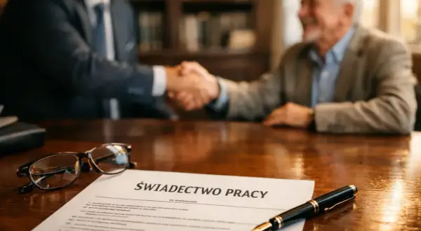 Uścisk dłoni po formalnościach, świadectwo pracy leży na stole. To symboliczny moment odprawy emerytalnej.