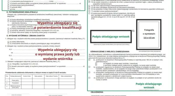 Formularz wniosku o wydanie prawa jazdy lub jego wtórnika. Wypełnia go osoba ubiegająca się o **nowelizację** dokumentu.