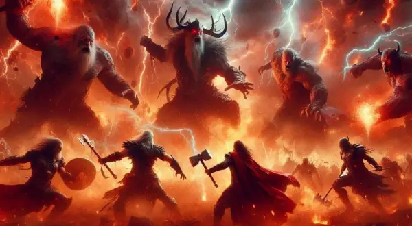 Wojownicy walczą w ogniu i błyskawicach, przygotowując się do ostatecznej bitwy, która zapowiada Ragnarok.