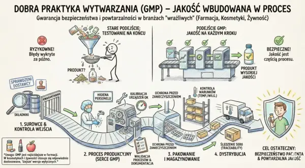 Schemat ilustruje proces GMP, gdzie jakość jest budowana na każdym etapie, od surowców po dystrybucję, zapewniając bezpieczeństwo i powtarzalność.